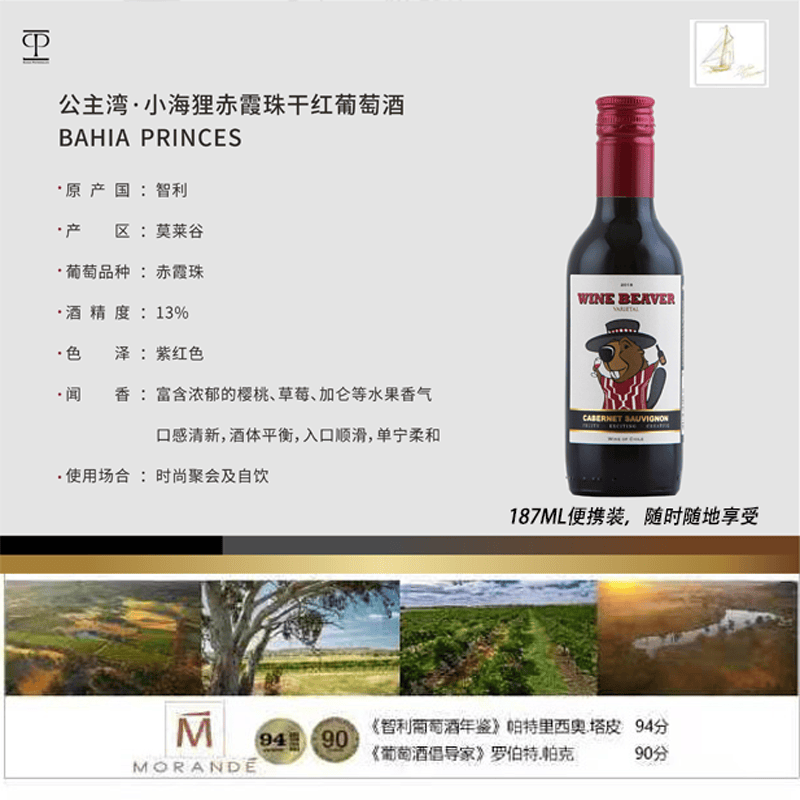 EVIDENCE公主湾系列红葡萄酒 智利原装进口红酒 小海狸 6支装