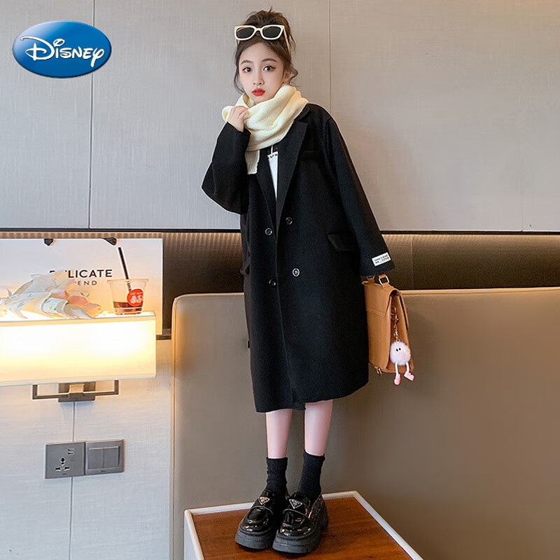 迪士尼（Disney）女童毛呢外套2024新款大童秋冬裝雙面羊絨大衣兒童裝長款呢子風衣 黑色雙面羊絨外套 150 cm