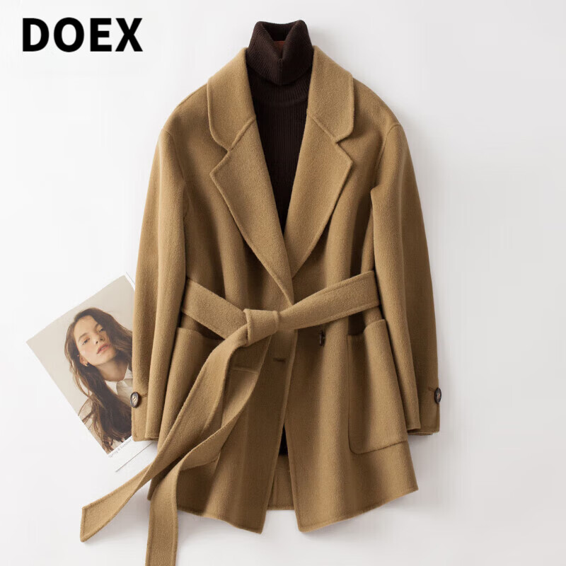 doex双面羊毛绒大衣女短款2023秋冬新款韩版百搭修身系带毛呢外套显瘦