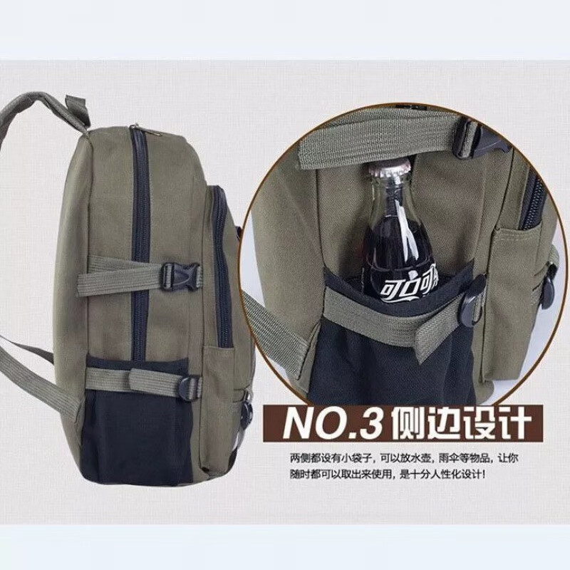 帆布双肩包男士简约大容量书包时尚潮流学生背包 军绿色标准号