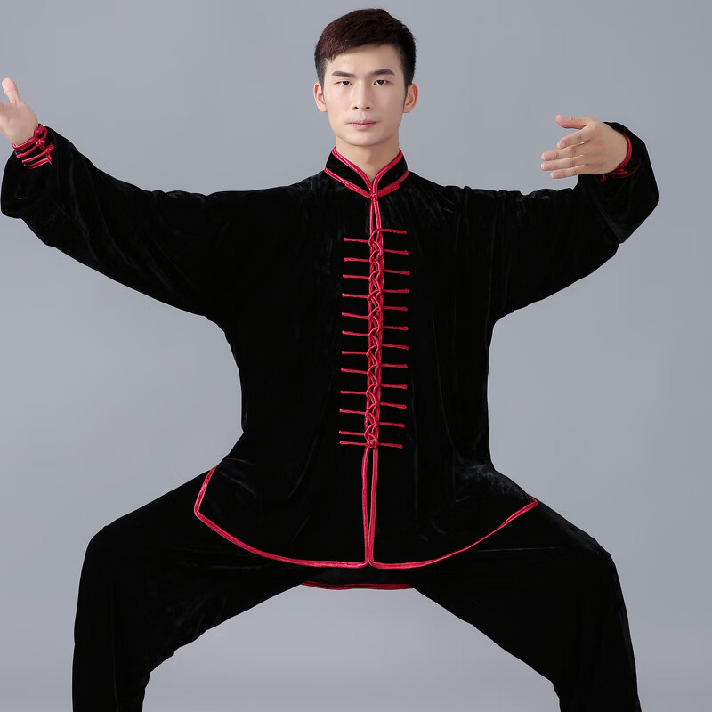 嘉辉狼（JIAHUILANG）太极服男金丝绒武术服装女加厚太极拳练功服表演服秋冬季保暖精奕 黑色红边 XS
