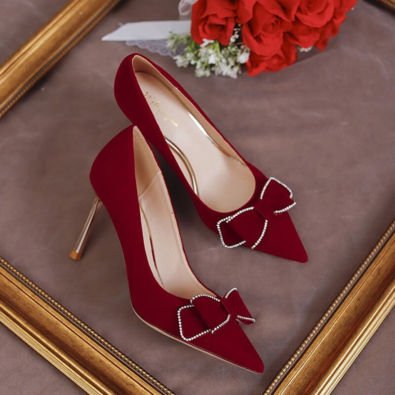 盛绾婚鞋女新娘鞋新款床上法式细跟秀禾婚纱两穿婚宴红色高跟鞋 酒