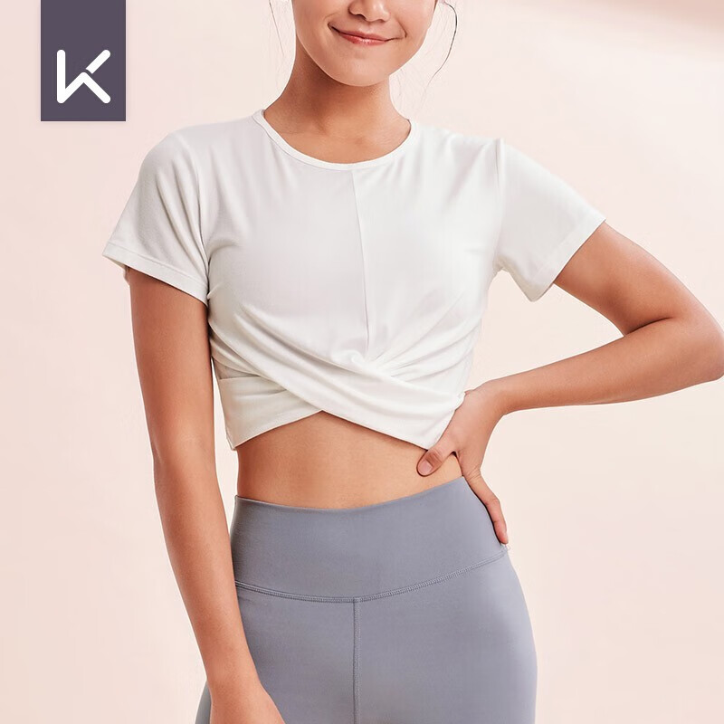 Keep 女子瑜伽服瑜伽T恤交叉款短袖背心 吸湿速干塑形裸感柔软弹11401 月光白 短袖 L