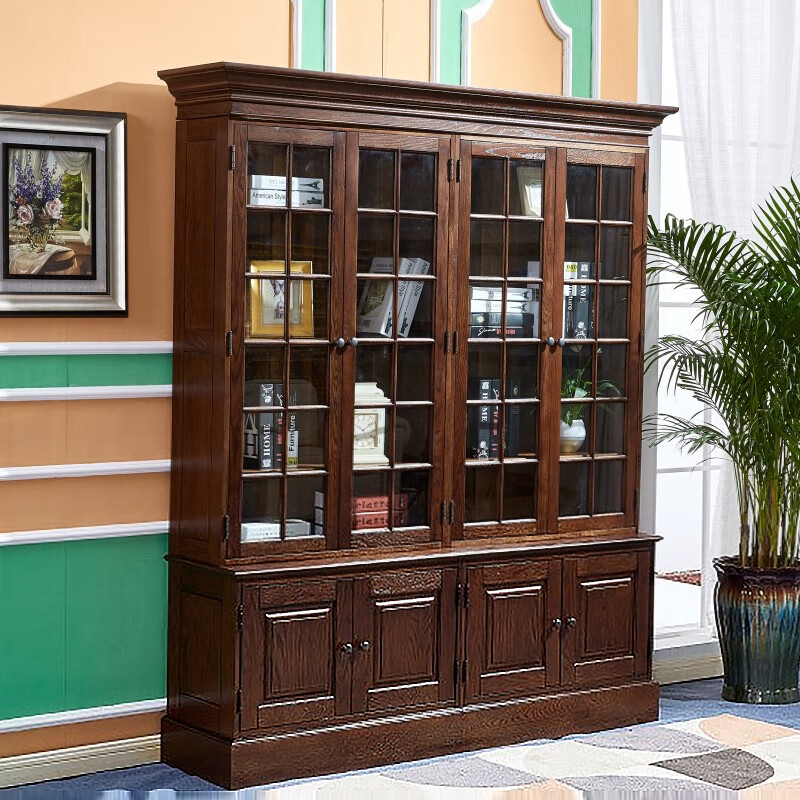 mei)实木书柜 美式乡村实木简约书柜自由组合 欧式复古书房大书柜实木