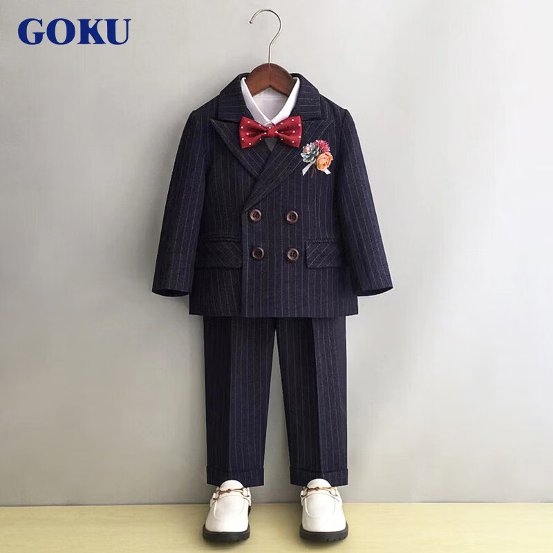 婚礼服演出服中小童英伦表演服宝宝 蓝西装 马甲 裤子 衬衫 领结胸 80