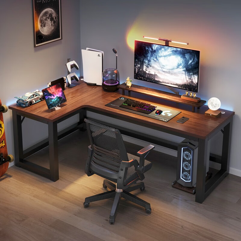 蔓斯菲尔 转角电脑桌电竞电脑桌台式家用转角书桌书架组合办公桌写字台 单桌北美黑胡桃色左款160x100 L型宽大桌面