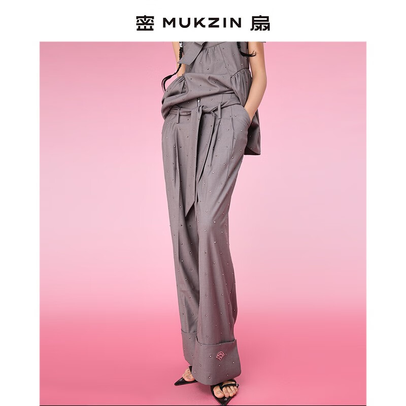 密扇（MUKZIN）2023夏装新款新武旦原创设计垂坠感烫钻灰色休闲长裤女灰色 S