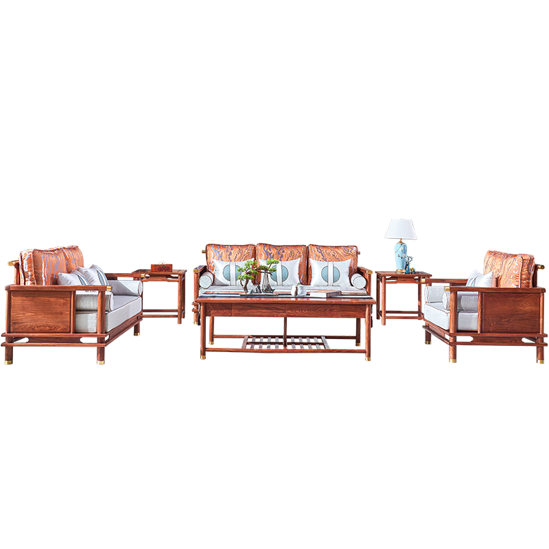 正荣府 红木家具 非洲花梨(学名:刺猬紫檀)新中式沙发 全实木沙发组合布艺沙发套装 113六件套(单+单+三+大茶几+2边几) 整装