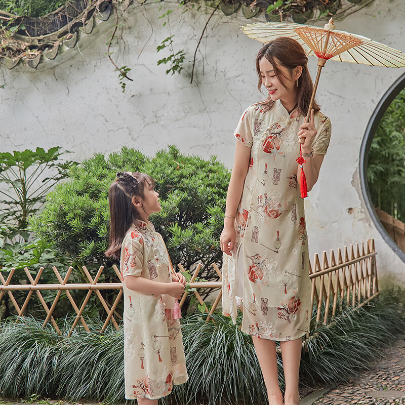 予瑾母女装亲子夏装2023新款古装旗袍子汉服连衣裙A字群短袖刺绣 香槟色 成人L高性价比高么？