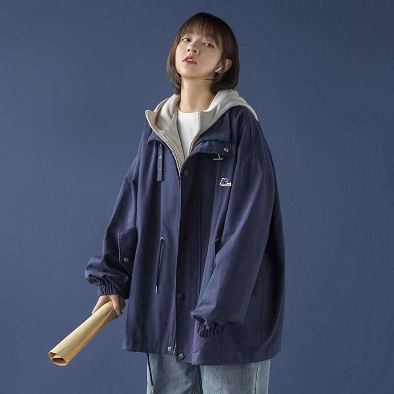 秸朵假两件外套女春秋港风休闲宽松百搭夹克连帽工装潮牌情侣秋装上衣