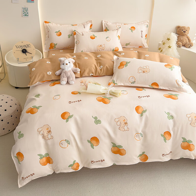 多兰诗（Duolanshi）春夏磨毛四件套 斜纹印花卡通套件被套床单宿舍四季床上四件套 大吉大利 1.8米 床笠款 /被套200*230 四件套