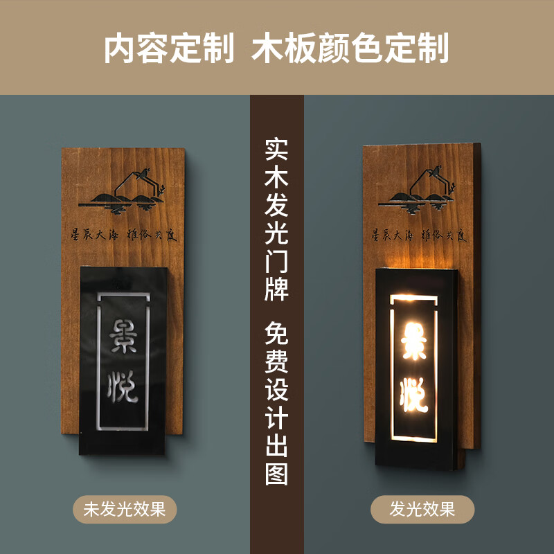 创意带灯木质房间号码发光门牌定制dzq 黑胡桃木色发光凹字12*30cm