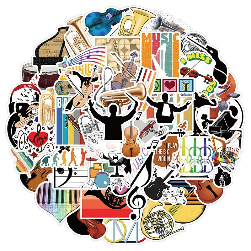 100张卡通管弦乐贴纸 行李箱吉他架子鼓水杯笔记本防水装饰贴画 w1445