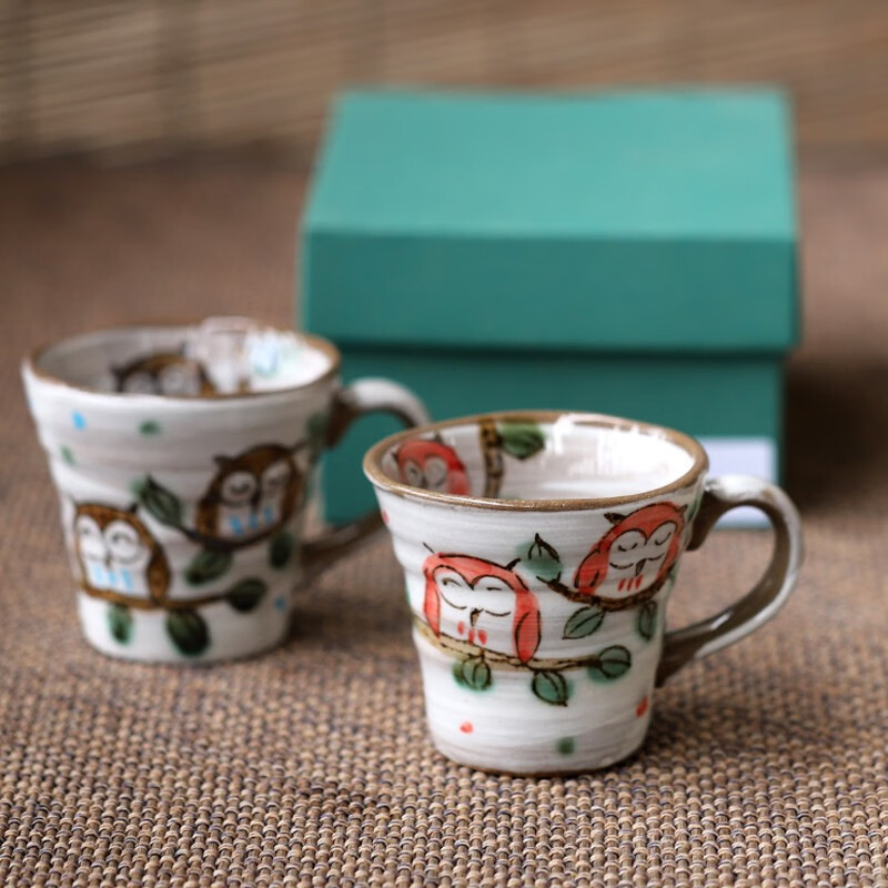 手绘粉引猫头鹰纹水杯情侣对杯茶杯马克杯子办公室水杯 猫头鹰马克杯