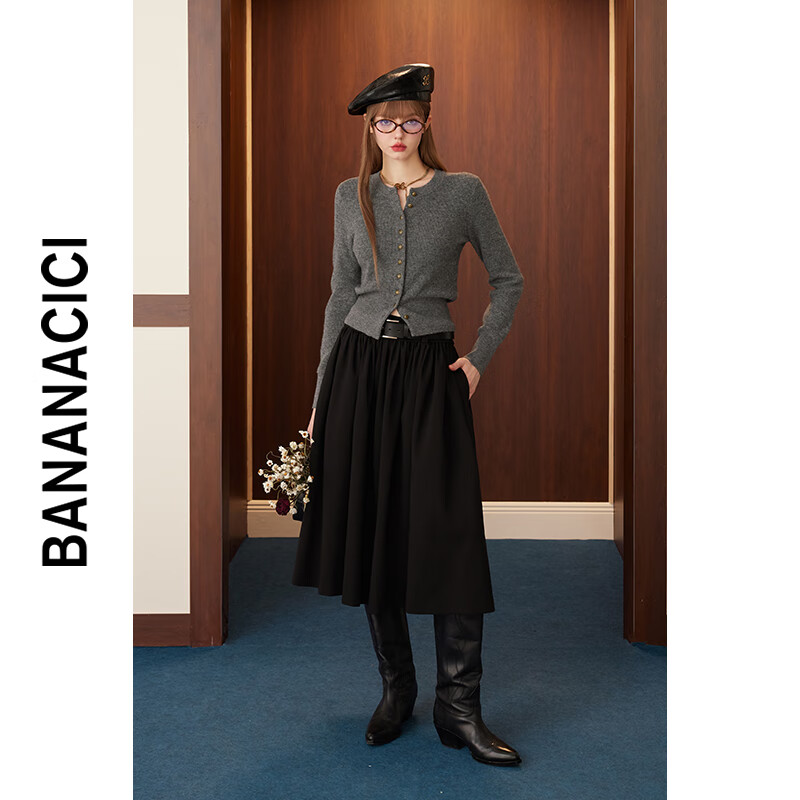 banana cici2024年秋季新款复古老钱风澳羊毛毛衣圆领针织开衫C244MY115 灰色 L