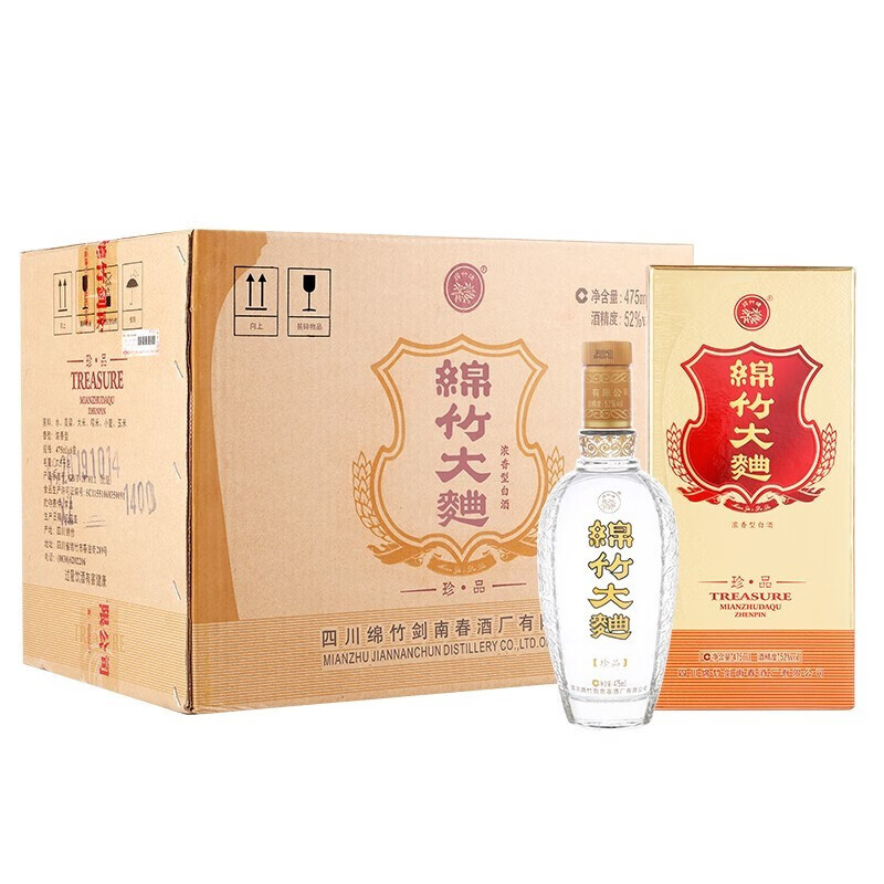 四川剑南春酒厂出品 绵竹大曲珍品  金盒 52度475ml 整箱6瓶装
