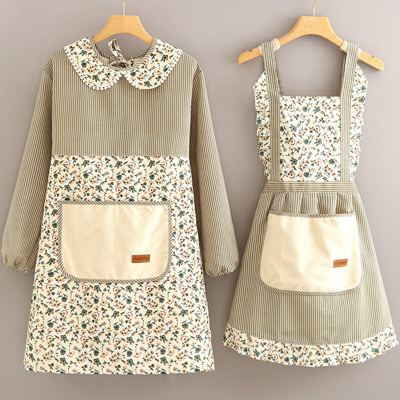 帆布围裙罩衣女透气长袖围裙厨房家用防污耐脏工作服大人做饭围的 长袖罩衣绿色(图左所示装) 1条