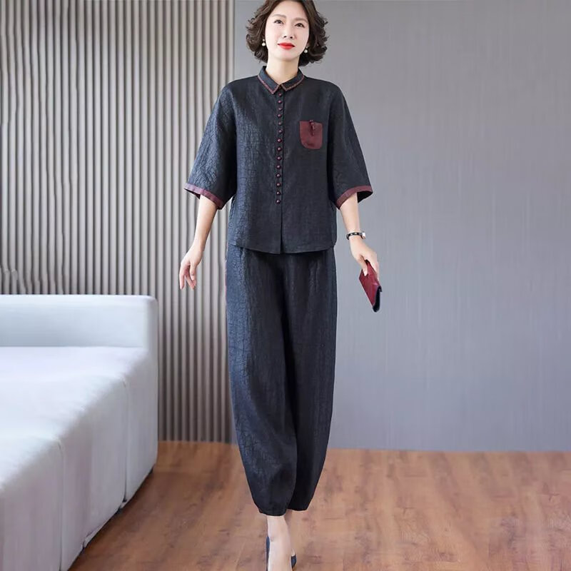 东方鸭香云纱套装女真丝短款上衣黑龟纹长裤大妈装时尚气质两装女 黑