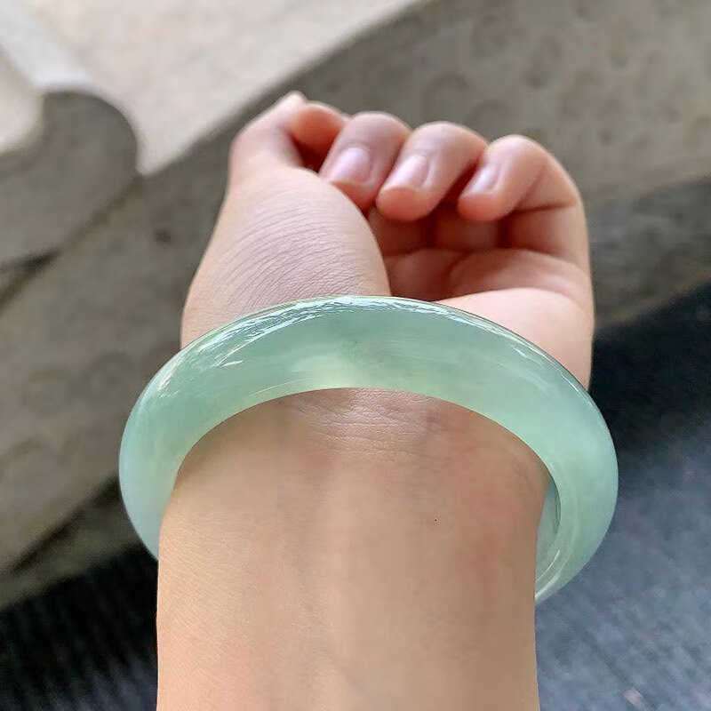 禧凤楼缅甸老坑a货冰种晴绿正圈平安镯手镯54圈口女玉石镯子女士手镯