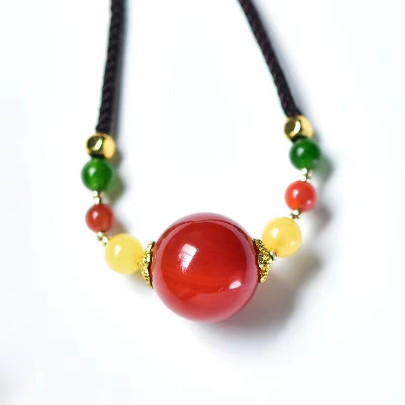 拾禾天然南红玛瑙珠子吊坠女转运珠项链 相思红豆情侣锁骨编织绳链单