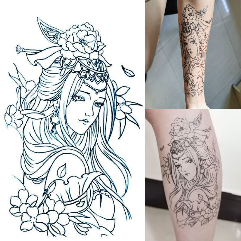 hzcl新品纹身贴半臂割线半臂线条刺青色艺花臂纹身贴貂蝉滴泪艺伎纹身