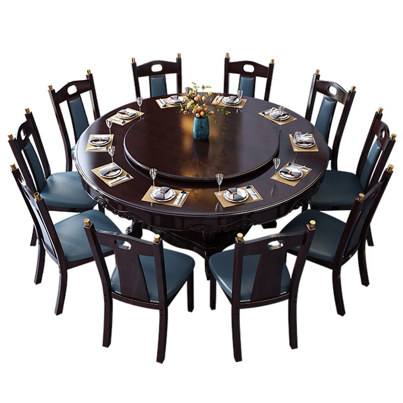 卡洛森餐桌 实木餐桌椅组合1.8米新中式酒店大圆桌带转盘家用圆形12人饭桌子 黑紫色（实木椅） 1.2米单桌（配0.8m转盘）