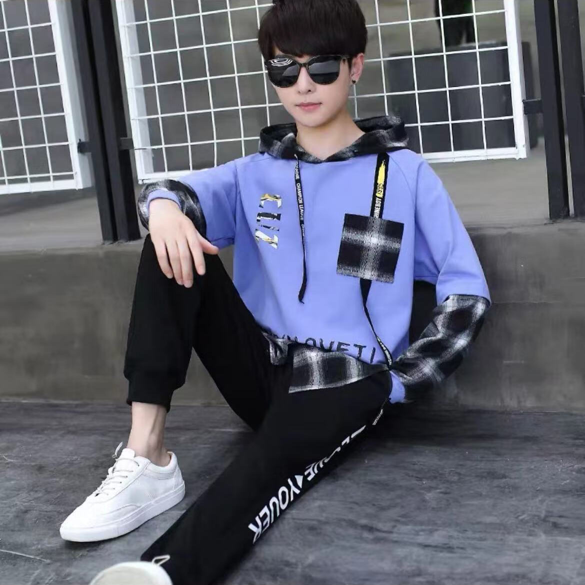 大学生春天穿的衣服青少年到岁春秋季卫衣男孩帅 #蓝色一套卫衣 长裤