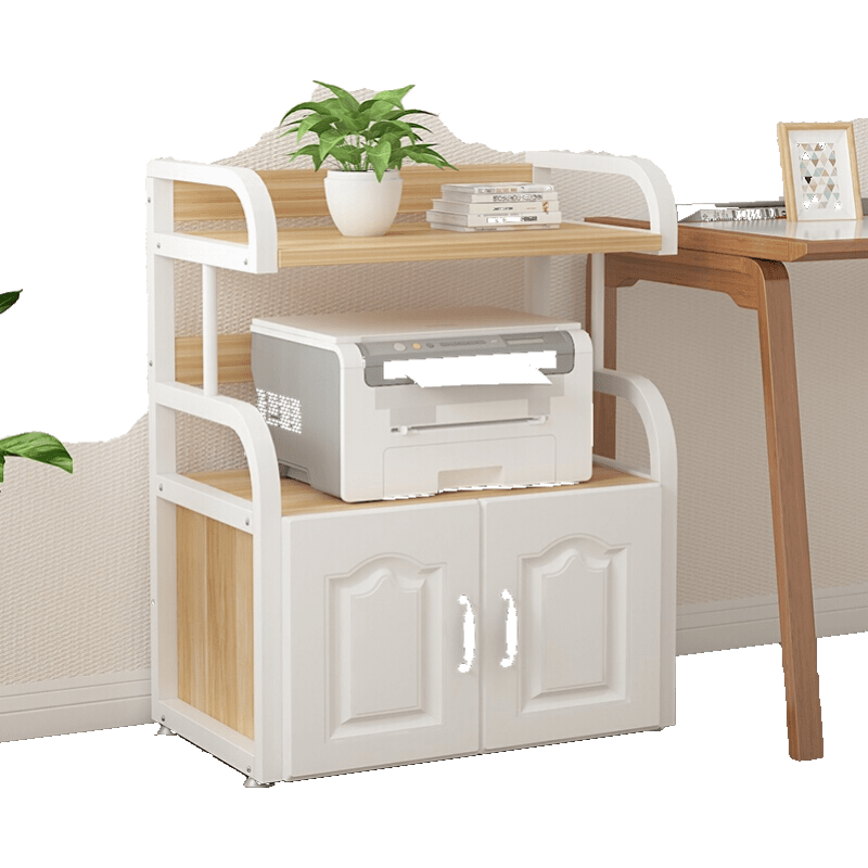 禧龙盛  欧式门打印机架子移动置物架办公室储物架复印机多层架落地桌边柜 欧式门 3层  白架*浅胡桃 3层 带门款