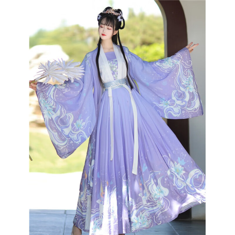 纤晟伊汉服女成人齐腰襦裙中国风学生齐胸全套古装薄款印花飘逸大袖衫