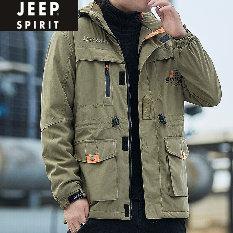 JEEP SPIRIT冬季加绒加厚多口袋工装棉衣男士大码宽松户外登山外套保暖冲锋衣 军绿色 L