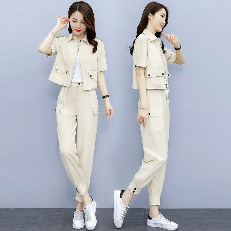 时尚休闲套装女套装裤子2024年夏季新款女装运动气质宽松休闲 米色 m