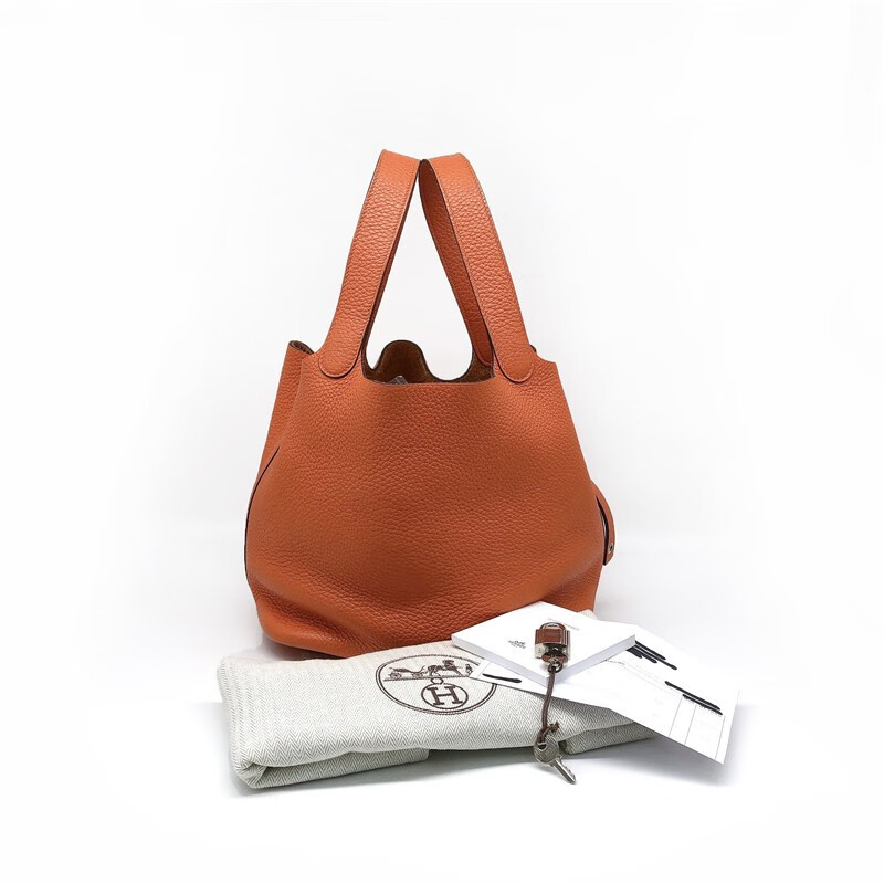 【二手95新】爱马仕 picotin橘色银扣菜篮子22 y刻,尺寸:22*21*18