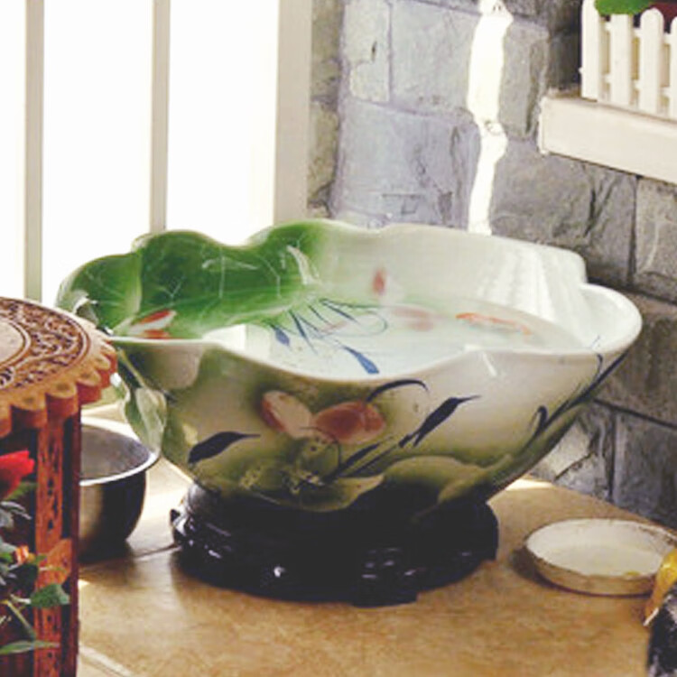 奔新农(benxinnong)景德镇陶瓷器鱼缸手绘荷叶型花边型异形金鱼缸乌龟