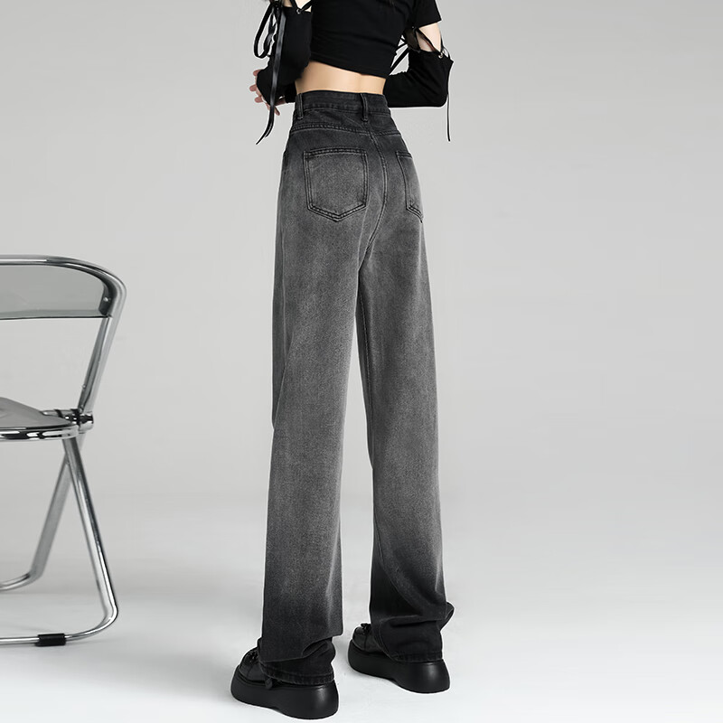 昌祥回力渐变烟灰色阔腿牛仔裤女2024欧美高街宽松直筒拖地裤潮春季
