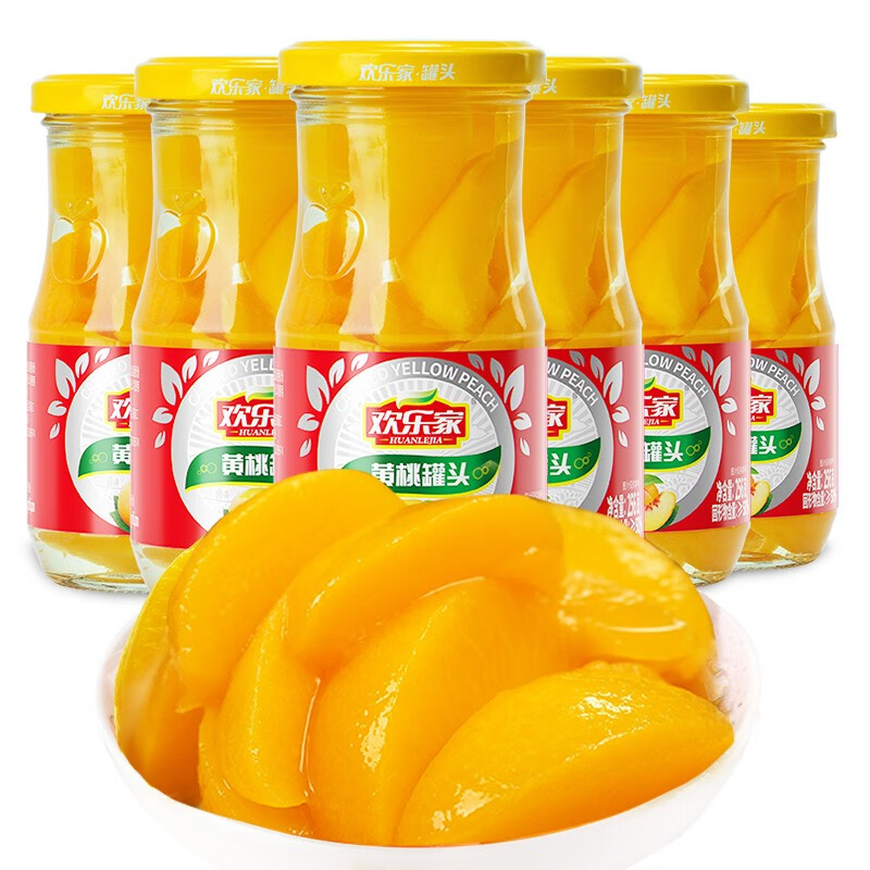 欢乐家 黄桃罐头256g*6瓶 玻璃瓶装 糖水黄桃水果罐头 休闲速食品整箱