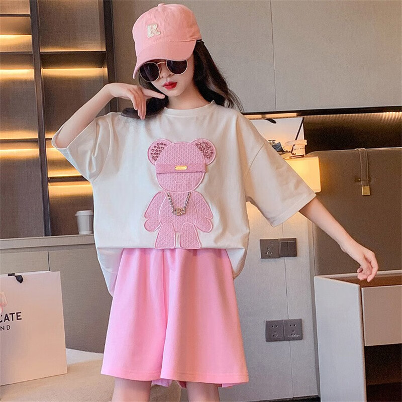 萌菲思女童夏季套装新款2024时尚中大童女装10岁女孩衣服短袖短裤两件