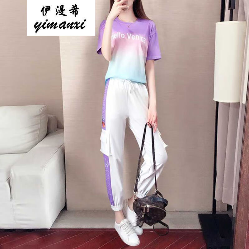 热天女孩中学生高中初中生女生衣服夏天少女原宿风t恤潮流裤子一套