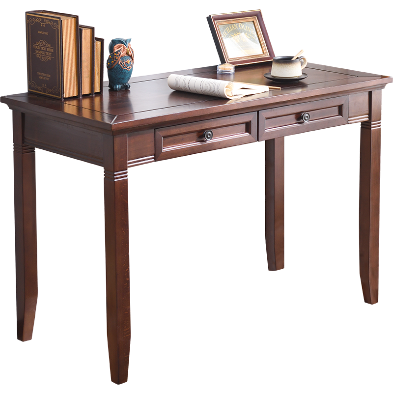 香木语   实木美式复古书桌书房办公桌小户型学习桌写字台简约现代   胡桃色单桌