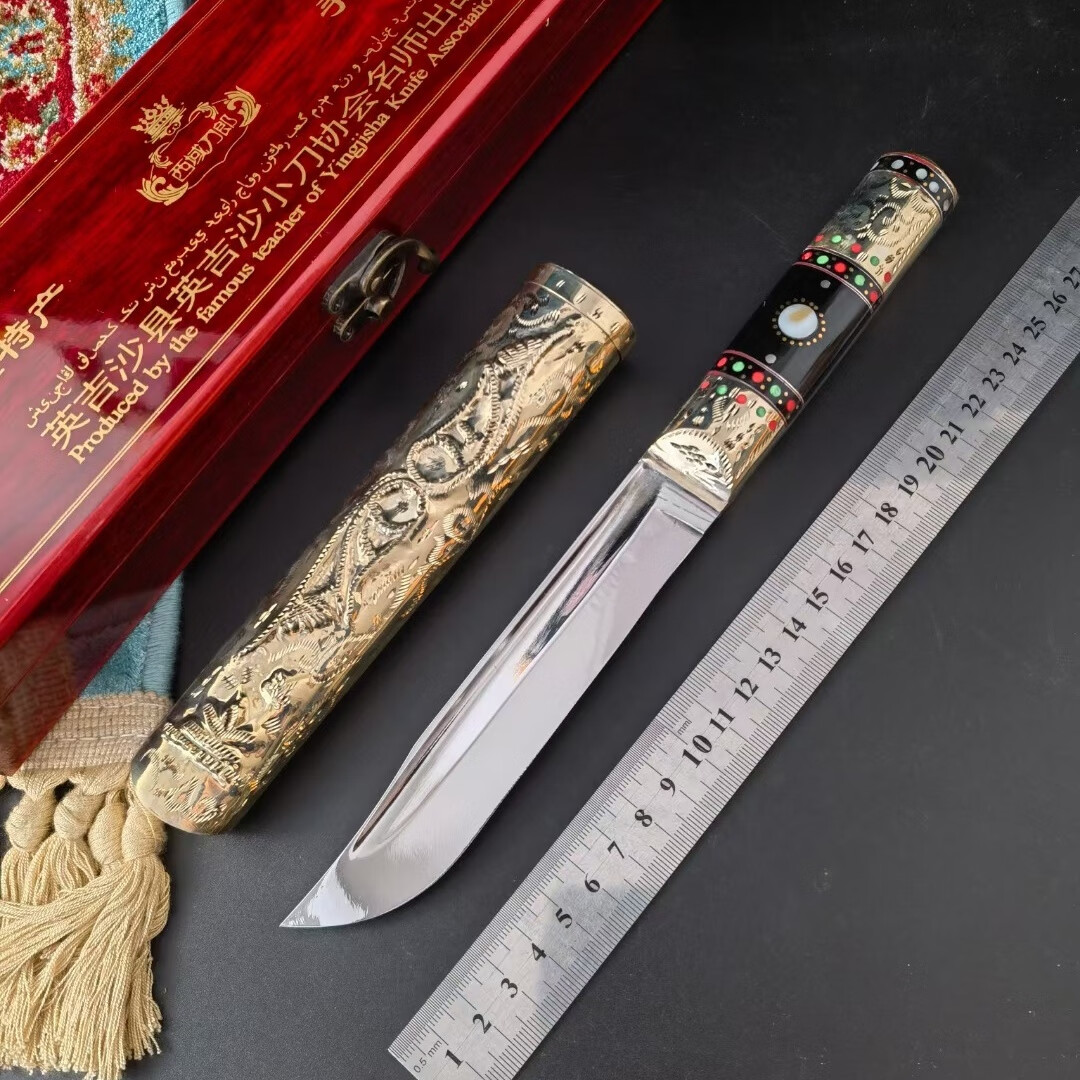 英吉沙手工小刀 轴承钢手工锻打白铜镶嵌牦牛角刀柄精美送礼小刀