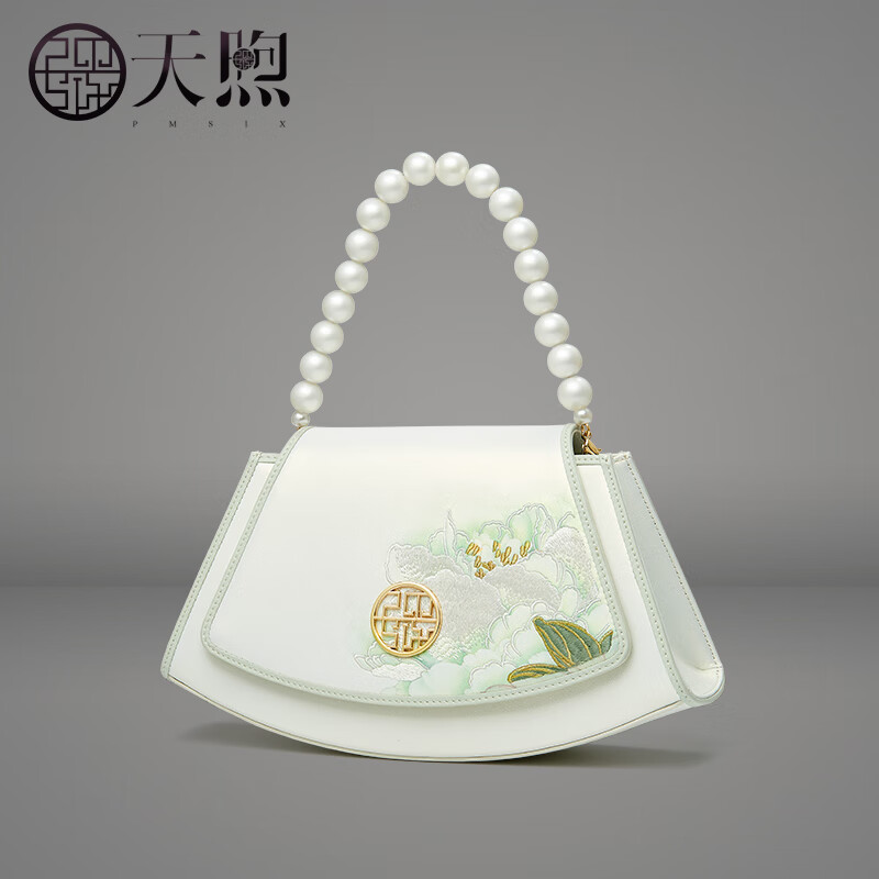 PmSix复古中国风绣花女包生日礼物送妈妈包牛皮女包中年女士单肩斜挎包 珠光白-刺绣-礼盒装