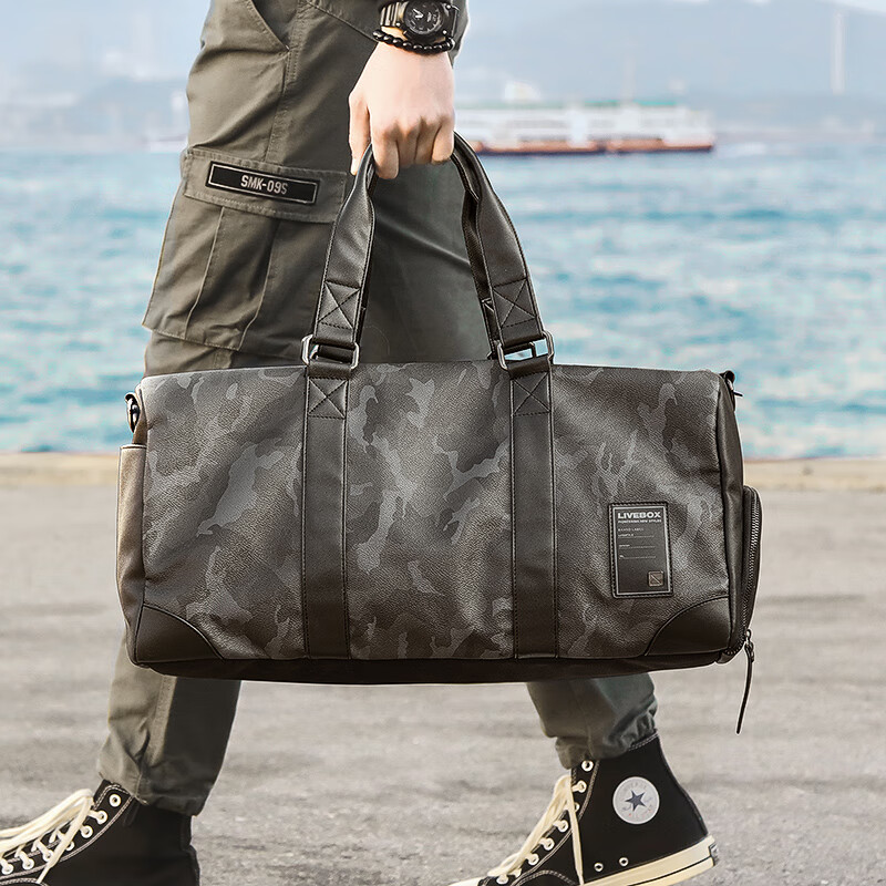 LIVEBOX 迷彩旅行包男士手提单肩包行李包潮出差旅游大容量健身包 黑色 小款