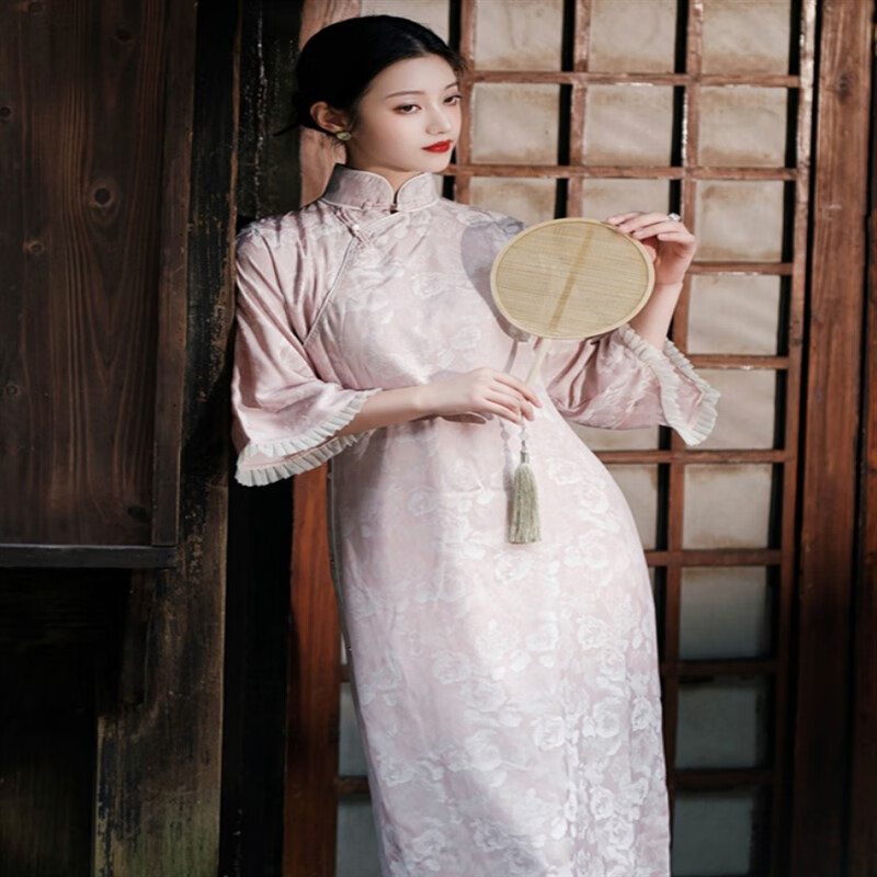 旗袍年轻款少女民国风复古倒大袖旗袍外搭披肩两件套高端年轻少女款