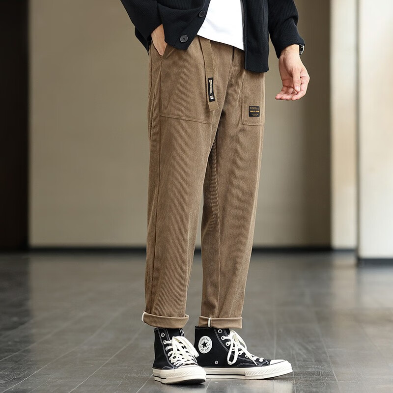 布衣传说【灯芯绒质感】搭扣腰带立体贴袋松紧腰针织九分小锥裤男式休闲裤 卡其 XL
