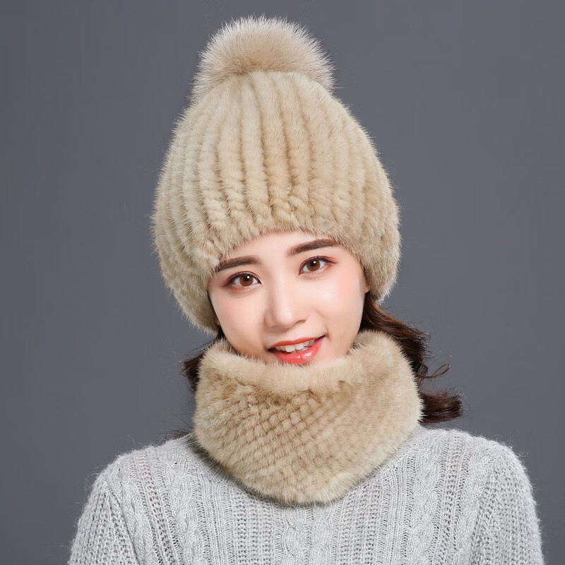 幕加格 貂帽子女毛线帽韩版冬季保暖可爱狐狸毛球球时尚皮草帽子m2723