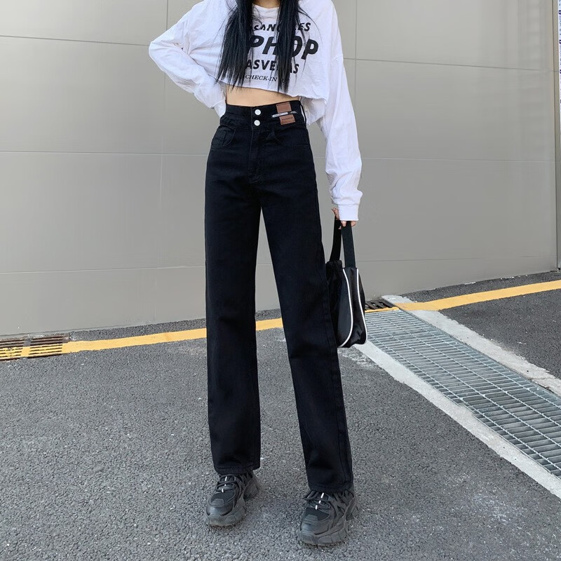 相伊恋人高腰阔腿裤牛仔裤女25年春秋季新款宽松直筒小个加绒拖地休闲裤子 复古蓝【竖双扣款】 -加绒加厚 M 【建议95-115斤】