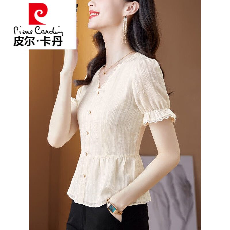 衫短袖t短款上衣2022年夏季女士衬衫收腰泡泡袖小衫针织 杏色(图片色)