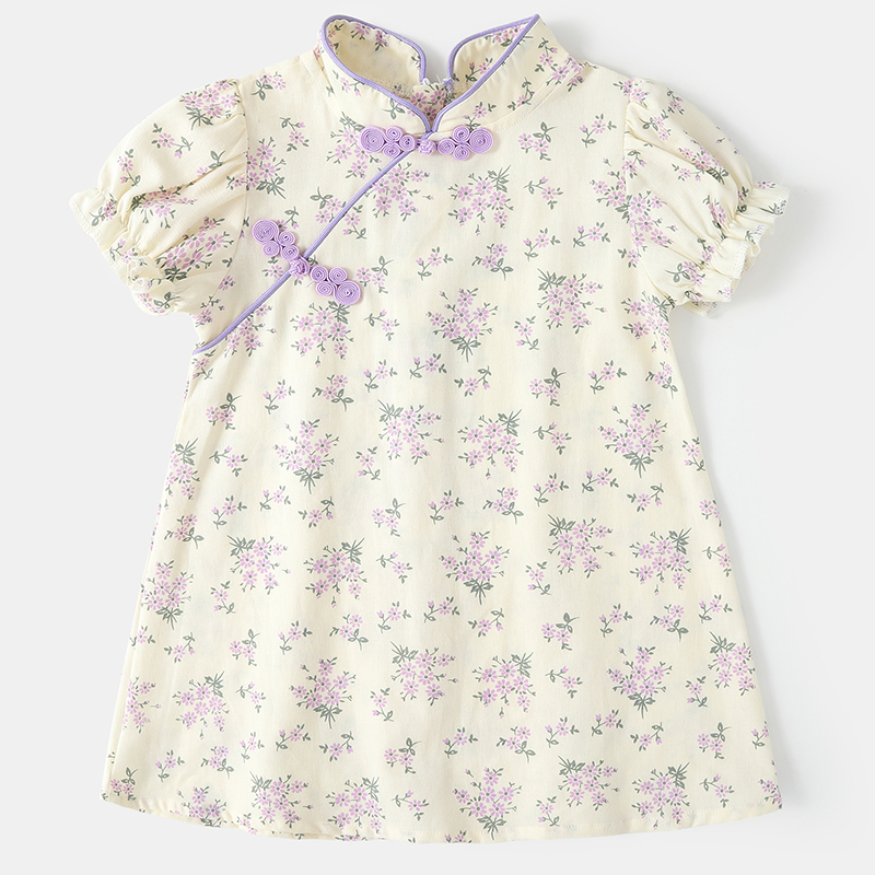 一帘珠贝女童旗袍夏一岁女宝宝小裙子夏装衣服童装婴儿连衣裙儿童汉服夏季 紫色碎花 100属于什么档次？