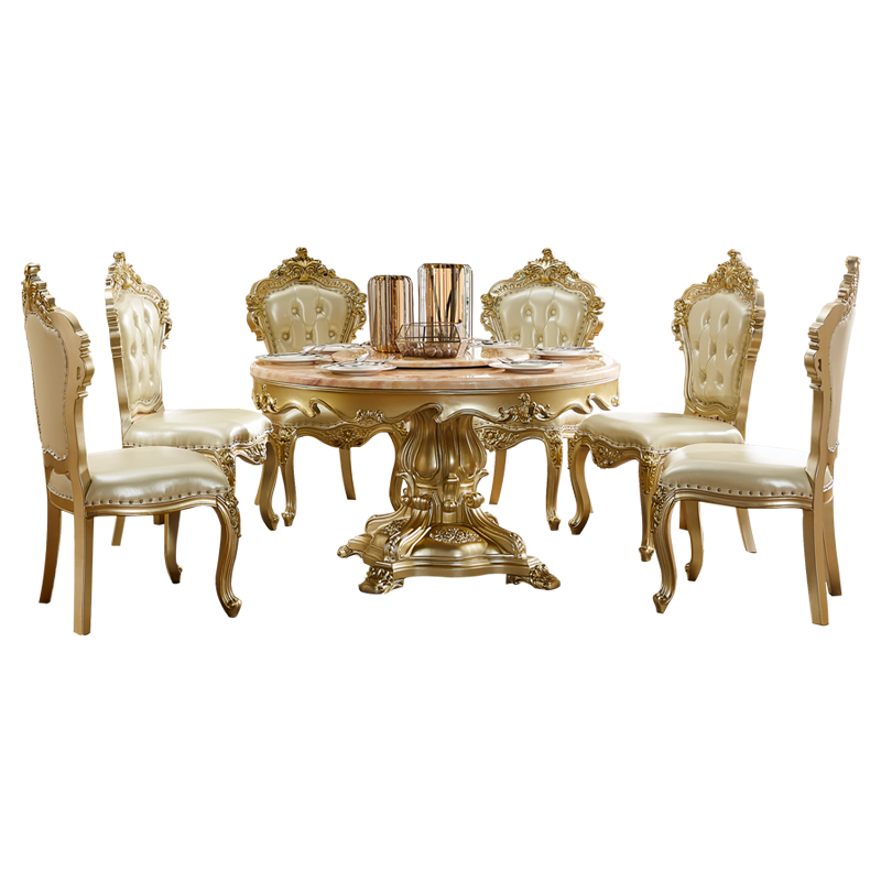 梦美斯宣 餐桌 欧式实木圆餐桌 香槟金轻奢大理石餐桌组合 美式餐厅家具 888 1.3m一桌6椅