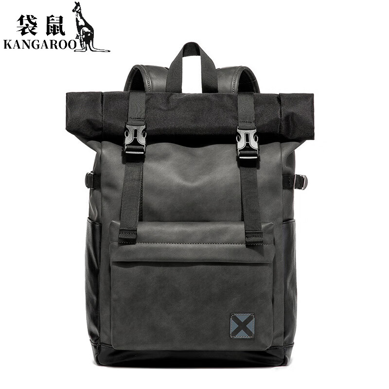 酷奇袋鼠【KUQIDAISHU】新款時尚灰色雙肩包日系背袋 韓版男包休閑復(fù)古背包電腦包書包潮 灰色