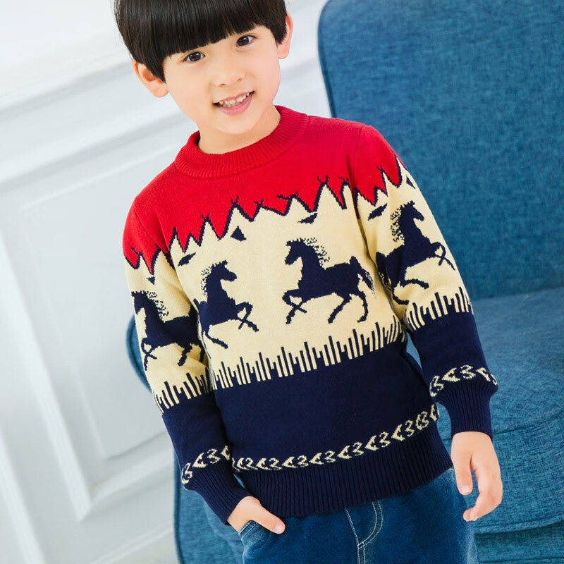 绒中羊童装男童毛衣套头双层加厚纯棉中大童线衣儿童针织衫秋冬款 双层加厚藏青横花 150 建议身高135-145cm